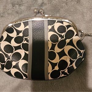 Coach Black and Chalk Signature Kiss-Lock Coin Purse with Stripe